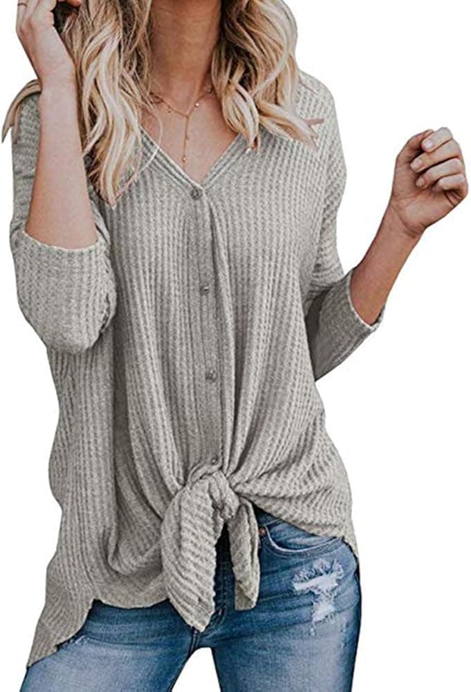 Women Front Tie Shirt Button Down Shirts Knitting Cardigan Long Sleeve Shirt Women Tops