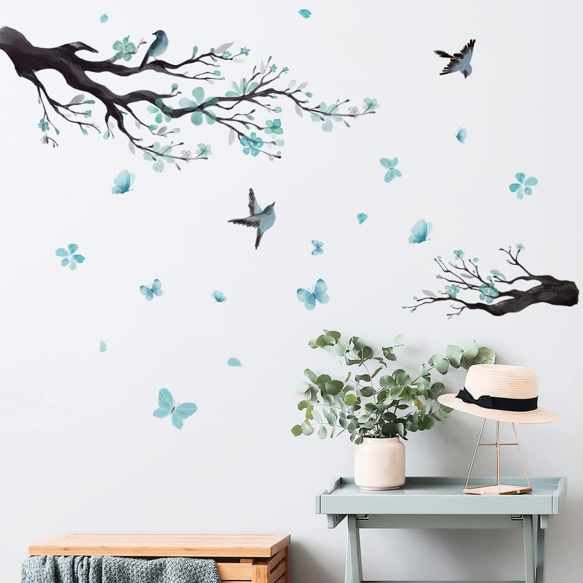 Blue Flower Wall Decals Wall Stickers Peel and Stick Removable Decal Stick DIY Wall Art Murals Home Wall Decor for Bedroom Living Room Classroom Office Wall Decaoration (Blue Flower)
