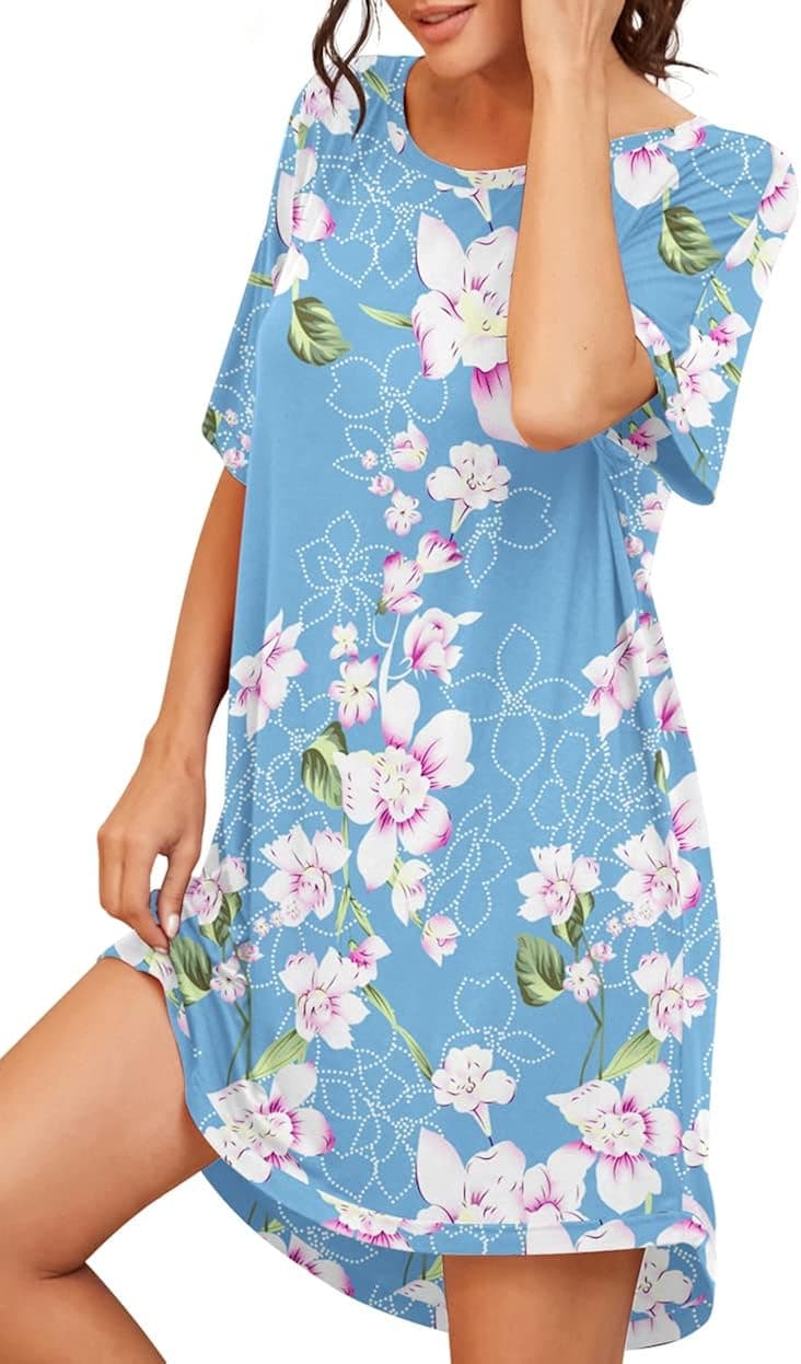PrinStory Womens Nightshirts Short Sleeve Nightgown Soft Sleepwear Round Neck Casual Loungewear