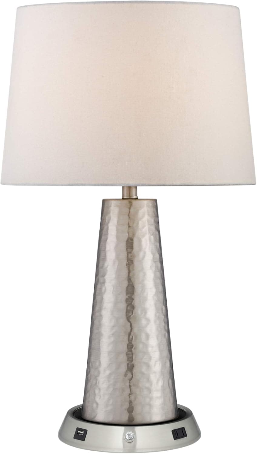 360 Lighting Modern Table Lamp with Dimmable USB and AC Power Outlet Workstation Charging Base 25.75" High Hammered Silver Leaf Off White Drum Shade for Living Room Bedroom Bedside Office
