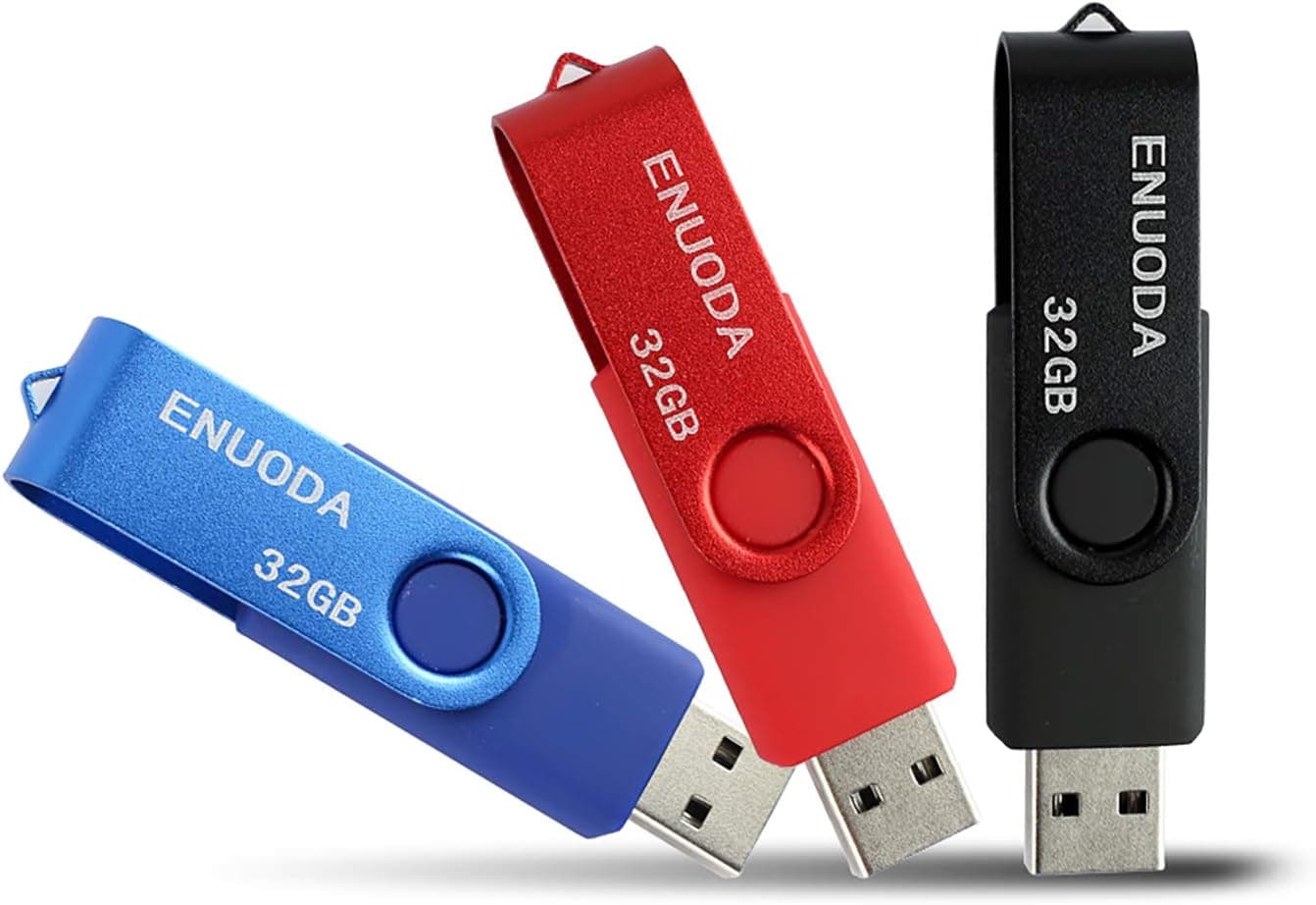 32GB USB Flash Drives ENUODA 3 Pack 32GB Jump Drives Memory Sticks USB 2.0 Swivel Thumb Drives with LED Indicator for Data Storage (Black Blue Red)