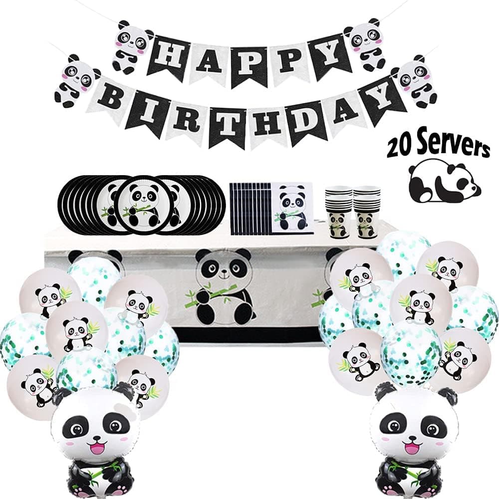 Panda Birthday Party Supplies, 84 PCS Panda Party Decorations with Happy Birthday Banner Balloons Plate Tablecloth