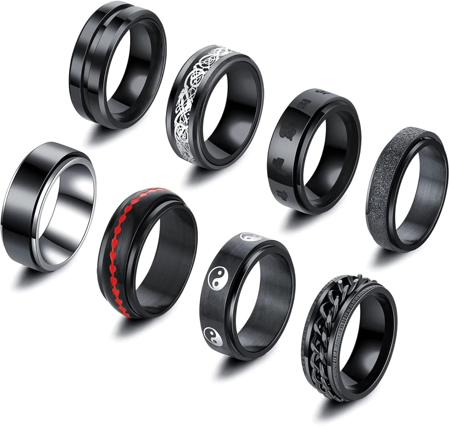 WFYOU 8Pcs Black Stainless Steel Spinner Rings for Men Fidget Band Rings for Stress Relieving Fashion Cool Mens Rings Wedding Promise Fidget Ring