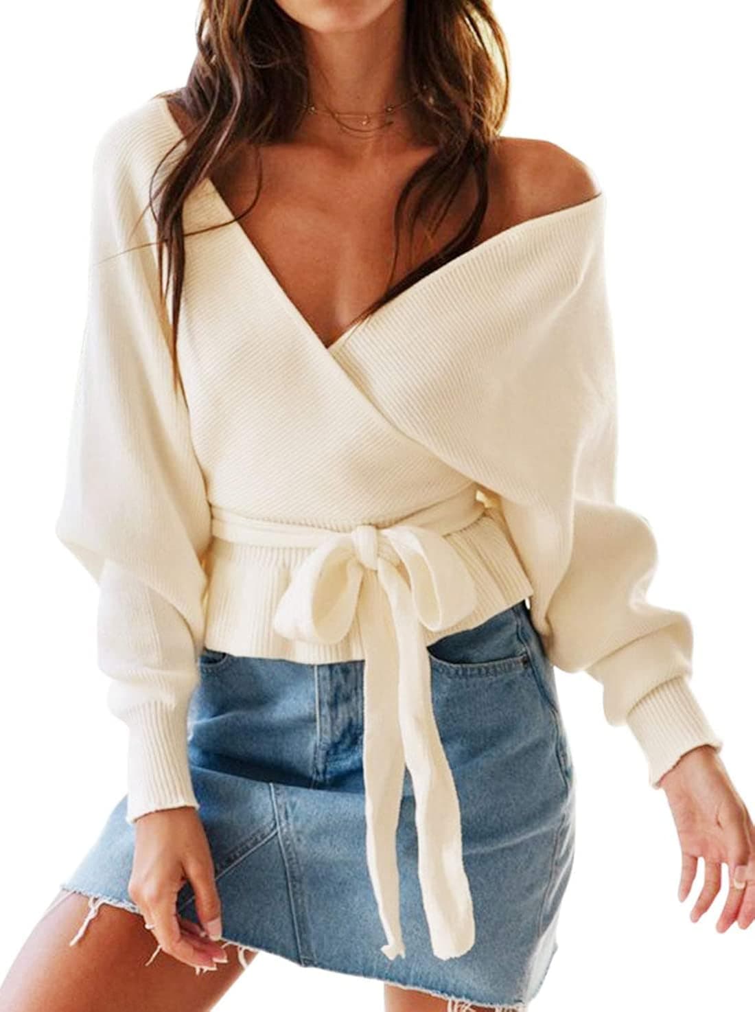 ZESICA Women's Wrap V Neck Long Batwing Sleeve Belted Waist Ruffle Knitted Sweater Pullover Top