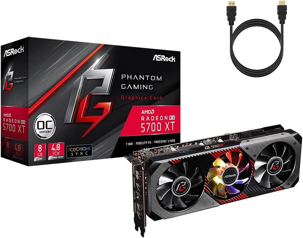 ASRock Phantom Gaming D Radeon RX 5700 XT Triple-Fan Video Graphics Card 8GB GDDR6 PCI Express 4.0 x 16 2560 Stream Processors Polychrome SYNC 8K Resolution Support HDCP Ready w/ Mazepoly HDMI Cable