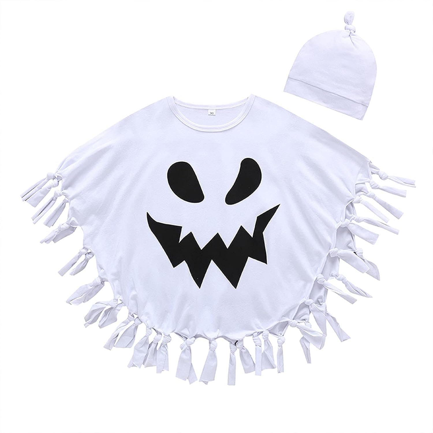 Madjtlqy Toddler Kids Boy Girl 2Pcs Halloween Cape Ghost Print Tassel Hem Cover Up Carnival Bat Style Cloak with Hat