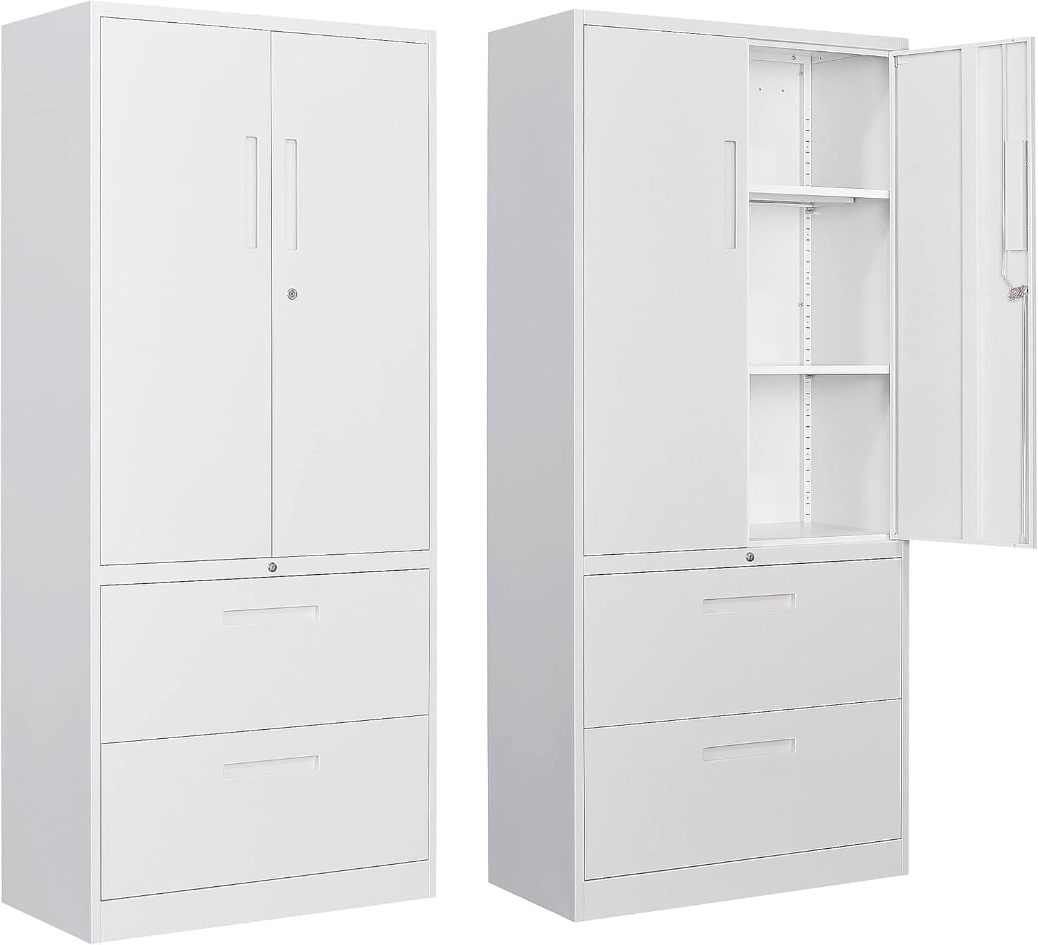 SISESOL Metal Storage Cabinet with Drawers, 71" File Cabinets for Home Office, Locking Steel Storage Cabinet with Doors and Shelves for Home, Office, Warehouse, Garage, School (White, 2 Drawers)