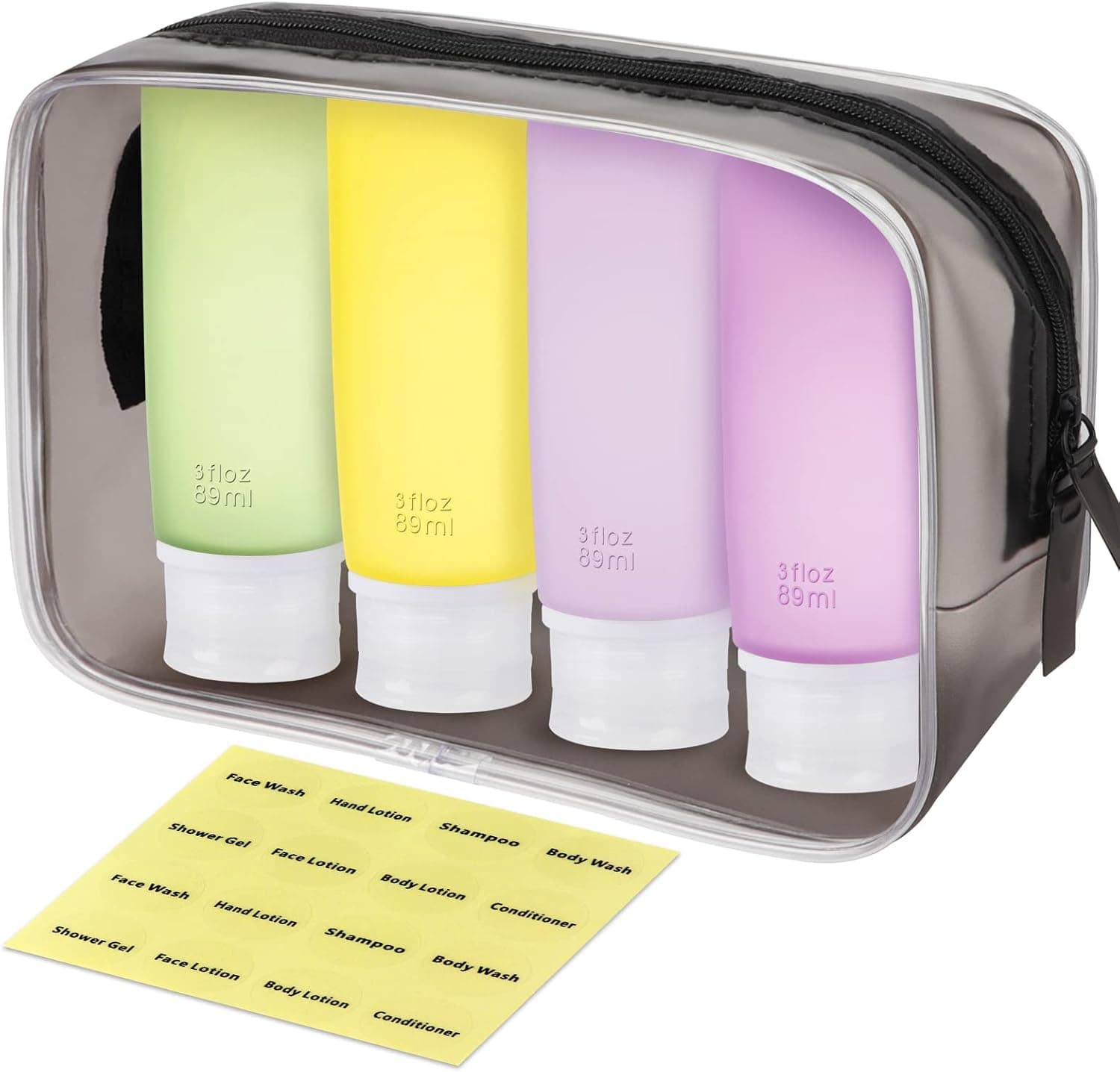 INSFIT Travel Size Toiletries, 3oz Travel Bottles for Toiletries Refillable Travel Soap Container for Shampoo and Conditioner, TSA Approved Travel Accessories with Labels Purple