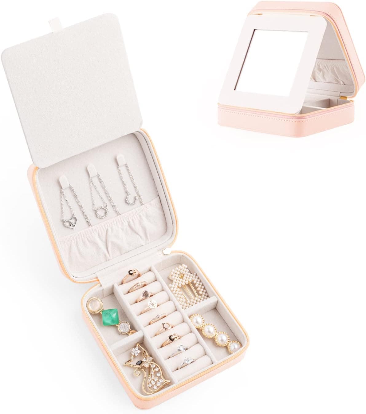 SANQIANWAN Jewelry Travel Box with Mirror Leather Portable Jewelry Storage Case for Necklace Rings Earrings,Gifts for Girlfriend, (2PINK)