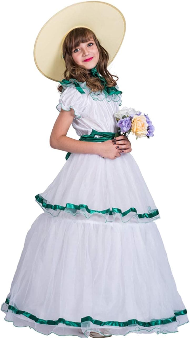 Christmas Costume Southern Belle Dress with Hat Beautiful Party Costume for Girls Kids (X_Large) White