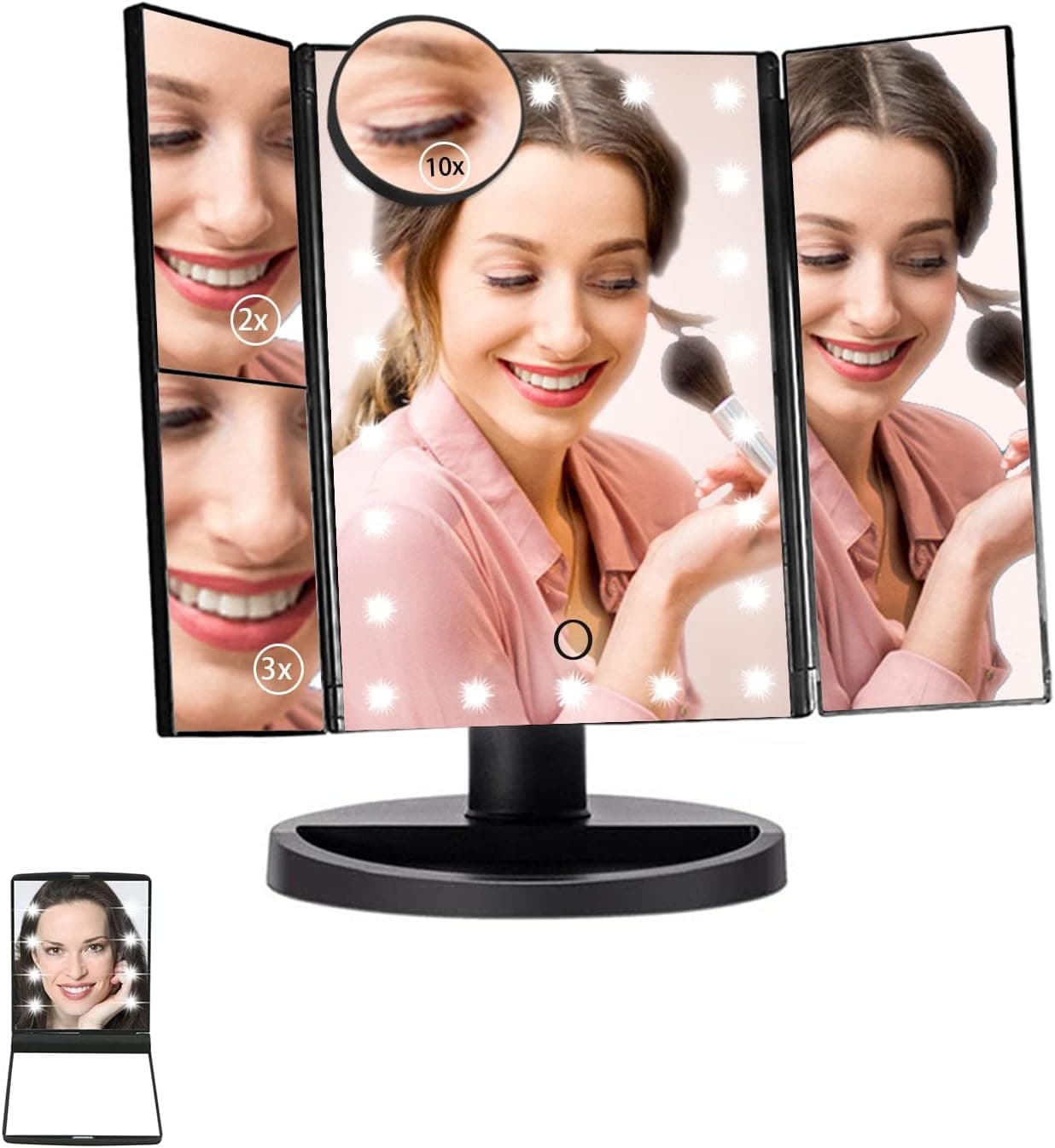 Makeup Mirror Vanity Mirror with Lights,Trifold LED Lighted Makeup Mirror,10X/3X/2X Magnification Vanity Mirror with 22 LED Lights,Touch Control,Dual Power Supply,180 Degree Rotation,Gift for Women
