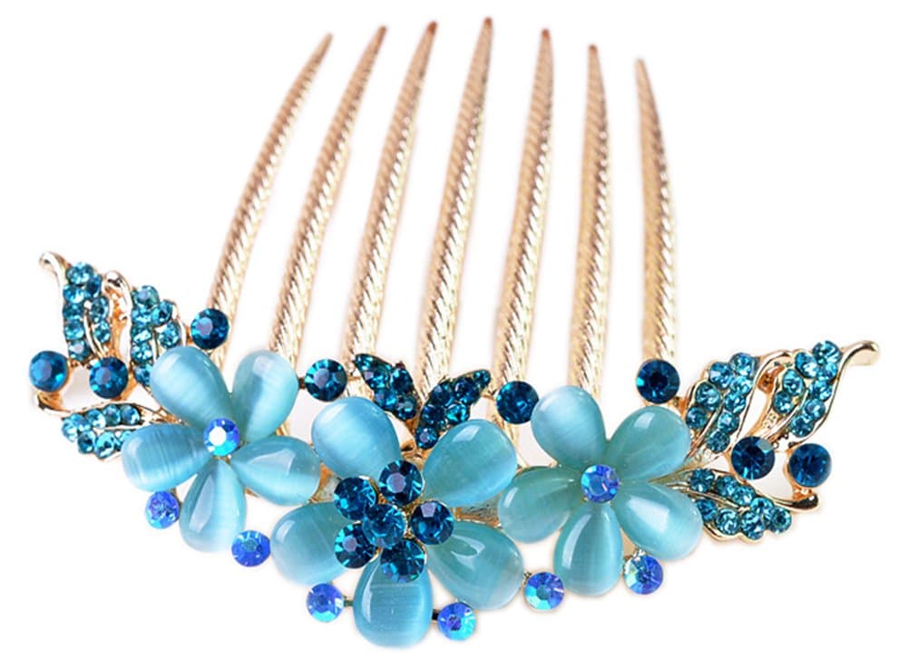 AnVei-Nao Womens Girls Rhinestones Flower Hair Combs Pins Hair Accessories Blue