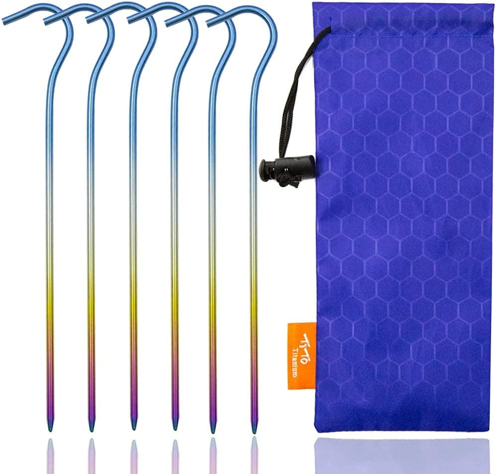 TITO Titanium Shepherd's Hook Tent Stakes Tent pegs Nail pegs Dia 3.0mm and Length 165mm only 6.1G.(Pack of 6)(Rainbow Color)