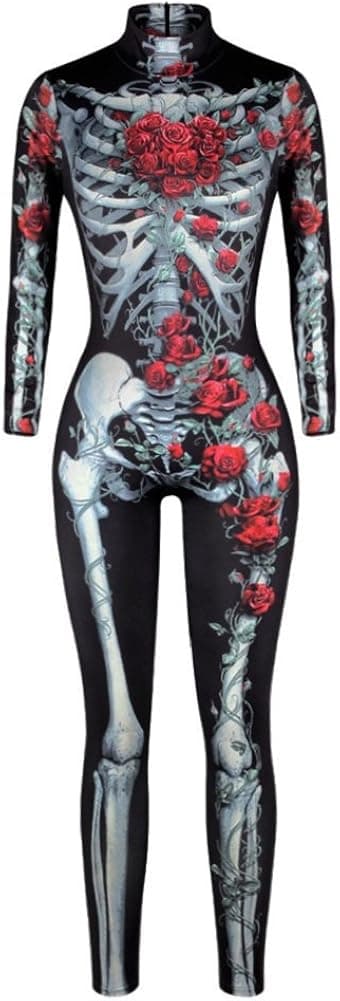GuPoBoU168 Womens Halloween Punk Rock Skull Skeleton Bones Print Jumpsuit