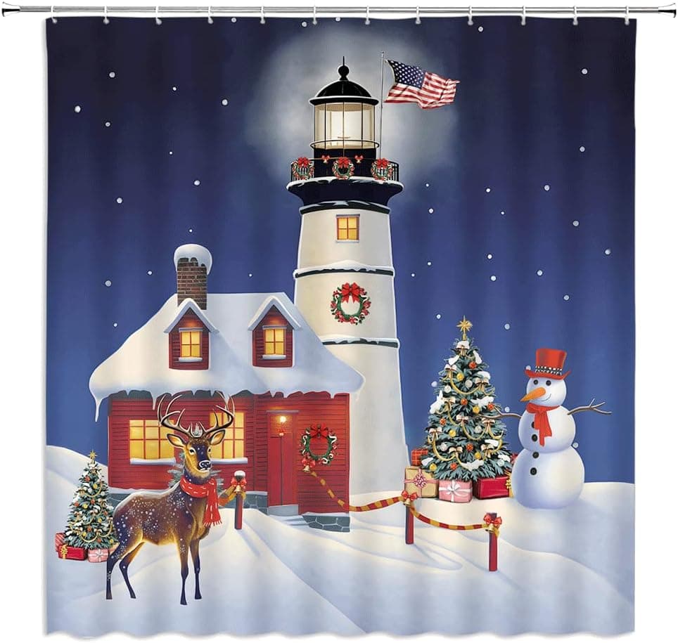 BCNEW Christmas Lighthouse Shower Curtain Cute Snowman House Elk Reindeer Merry Xmas Tree Snow Winter Deer Blue Starry Sky Cartoon Night Barn Bathroom Decoration with Hook 70×70Inch