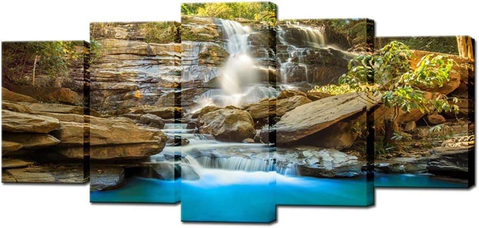 Biuteawal Rocky Waterfall Paintings Canvas Wall Art for Living Room 5 Pieces Modern Nature Landscape Picture Posters and Prints Home Office Decorations Ready to Hang