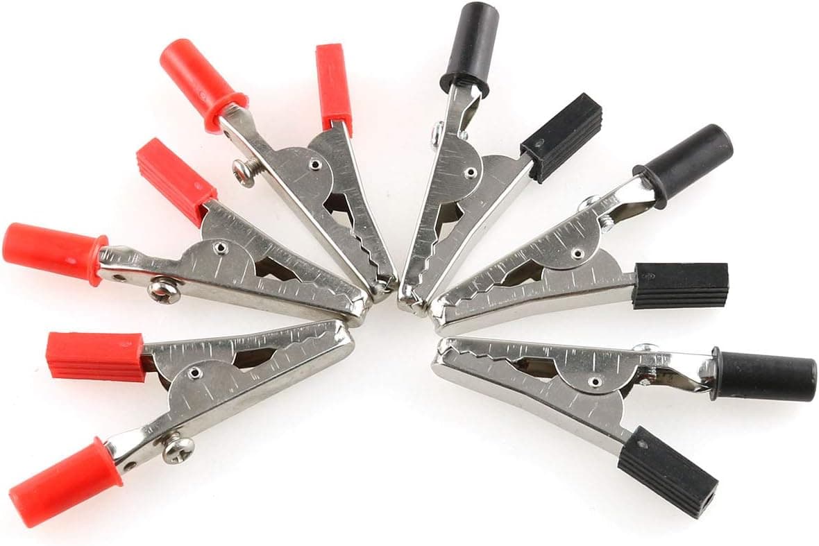 E-outstanding 30-Pack Plastic Handle Test Probe Metal Alligator Clips 55mm Length Crocodile Clips (15pcs Black + 15pcs Red)