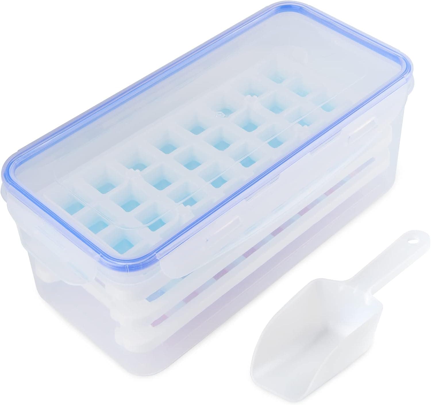 Ice Cube Tray for Freezer 3 Pack with Bin and Scoop, Upgraded Silicone Bottom/Plastic Frame Easy Release, Small Ice Cube Mold Securely Stackable in Box (32×3 PCS)