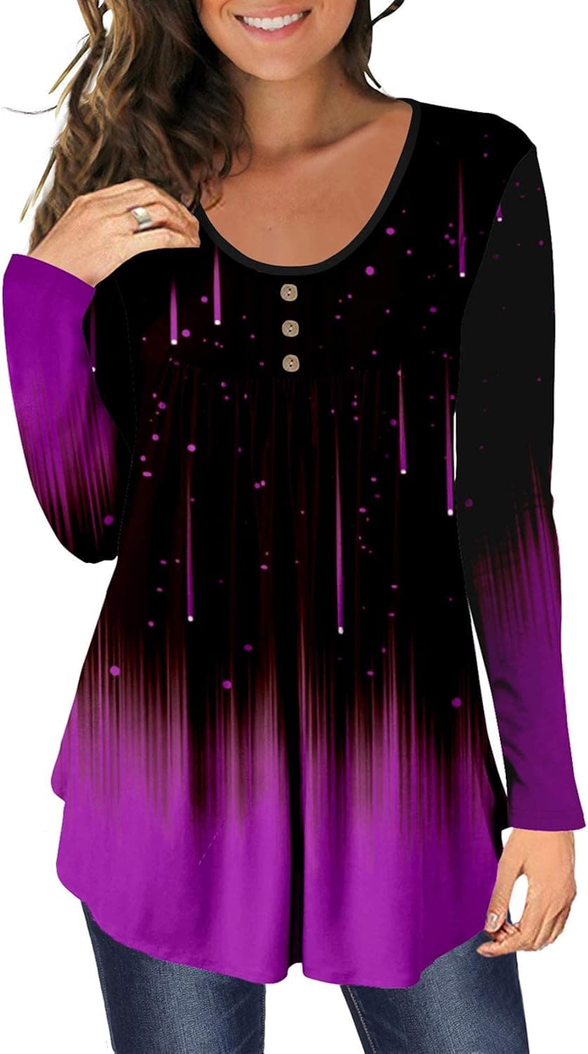 MAYAMANG Women's Floral Tunic Tops Long Sleeve Henley V Neck Buttons Up Casual Blouse Shirt