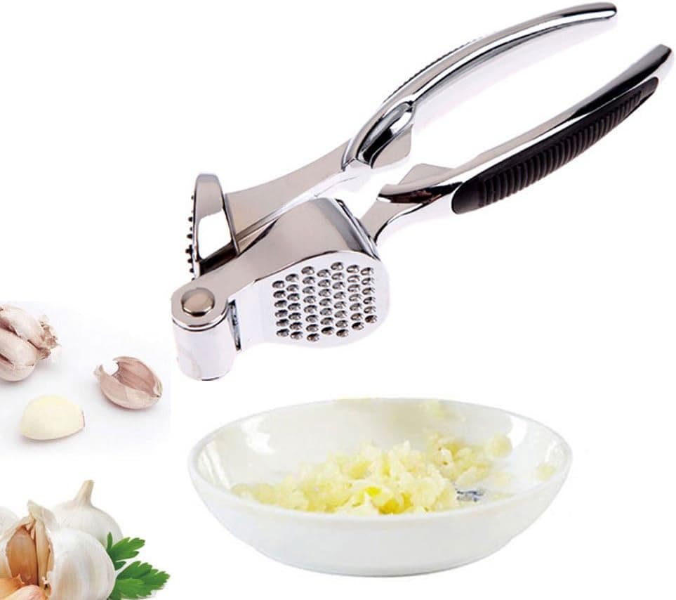 Garlic Press,COOKO Stainless Steel Garlic Press, Crusher, Mincer - with Built-in Self-Cleaning Silicone Pushes Cleaner and Non-Slip Silicone Handles