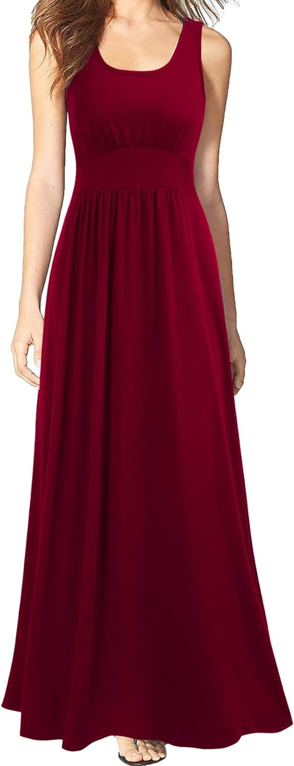 WOOSEA Women Sleeveless Scoop Neck Loose Plain Long Maxi Casual Dress