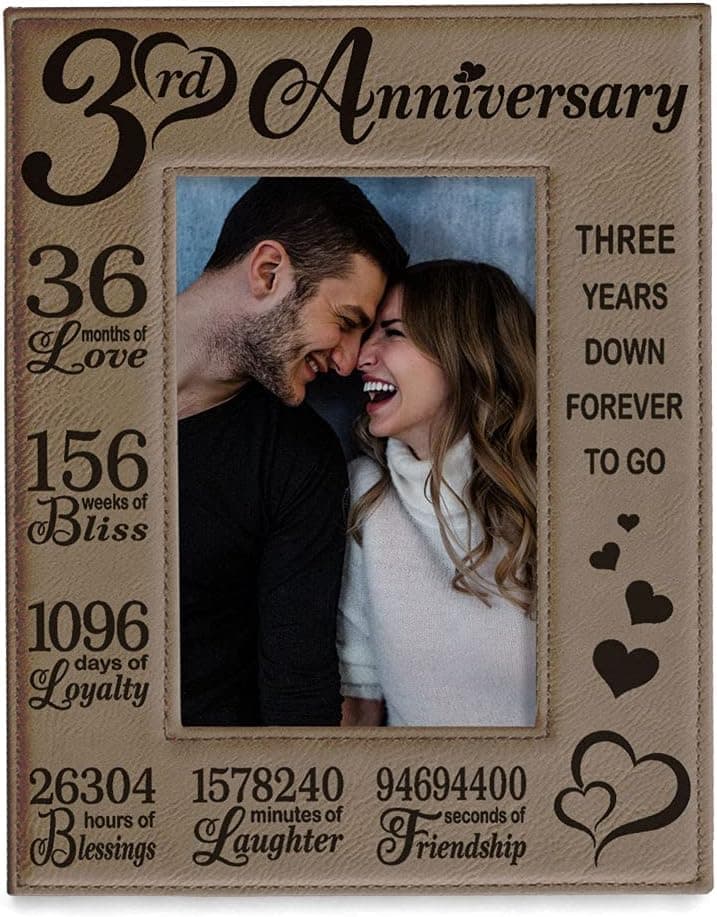 KATE POSH Our 3rd Wedding Anniversary, 3 Years Anniversary, 3 Years of Marriage, Gifts for Couple, Third Anniversary - Engraved Leather Picture Frame (5 x 7 Vertical)