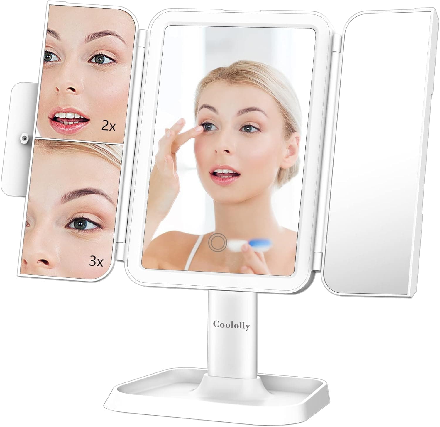 coololly Makeup Mirror with Lights, 1x/2x/3x Magnification 72 LED Trifold Lighted Mirror 3 Colors Lighting Modes, USB Power Supply Portable Trifold Cosmetic Mirror