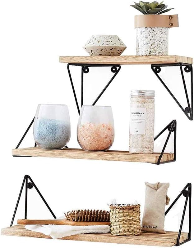 Coral Flower Space Saving Floating Mounted Set Of 3 Rustic Wood Wall Shelves Hanging Shelves for Decor and Shelving in Living Room, Bedroom and Bathroom