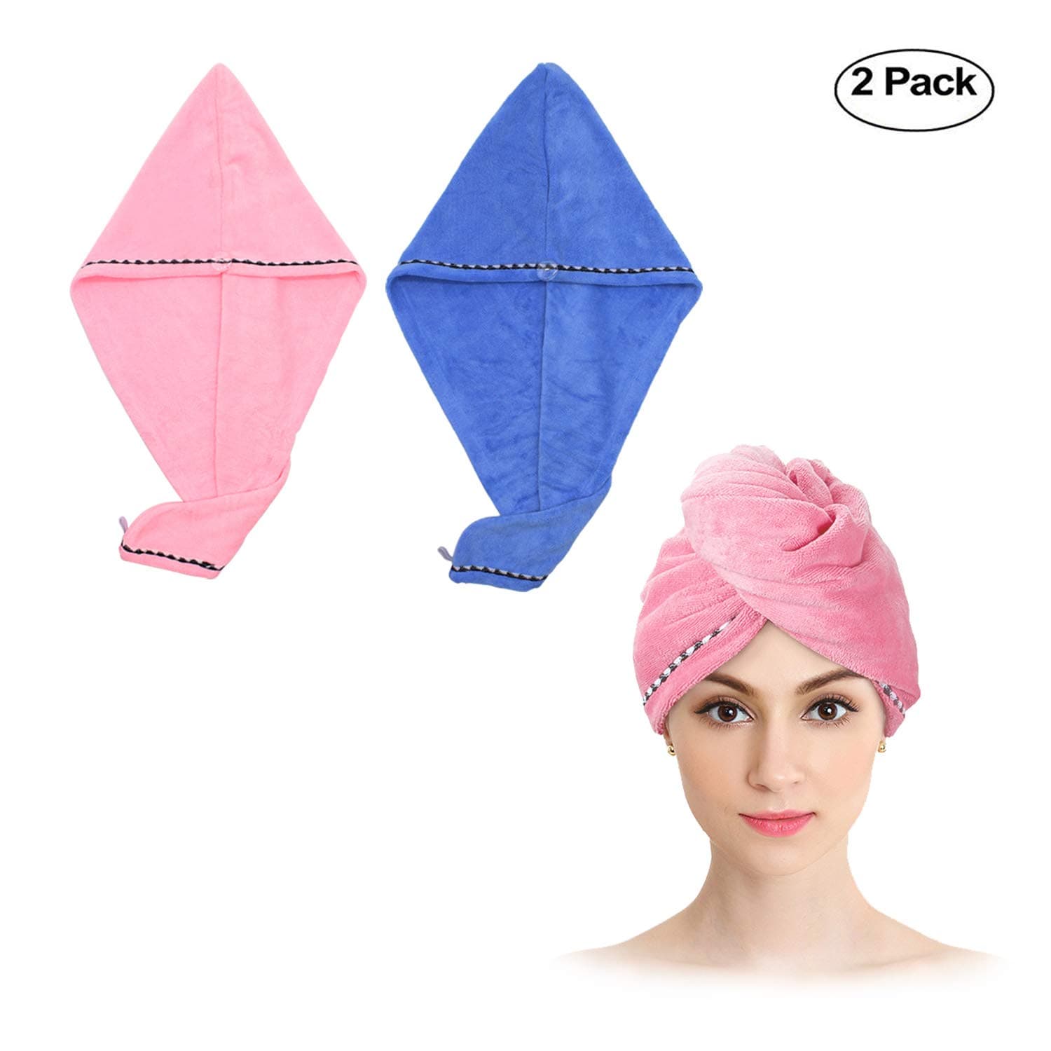 Microfiber Hair drying Towels with button,Long Hair Wrap,Fast Drying Hair cap,Absorbent Twist Turban for Fine&Delicate Hair,Blue and Pink (2 pack)