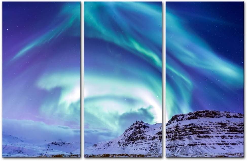Wall Art Decor Aurora Poster Painting On Canvas Print Amazing Blue Polar Lights Pictures 3 Pieces Snow Mountain Iceland Winter Landscape Jokul Framed Picture For Home Decoration Living Room Artwork