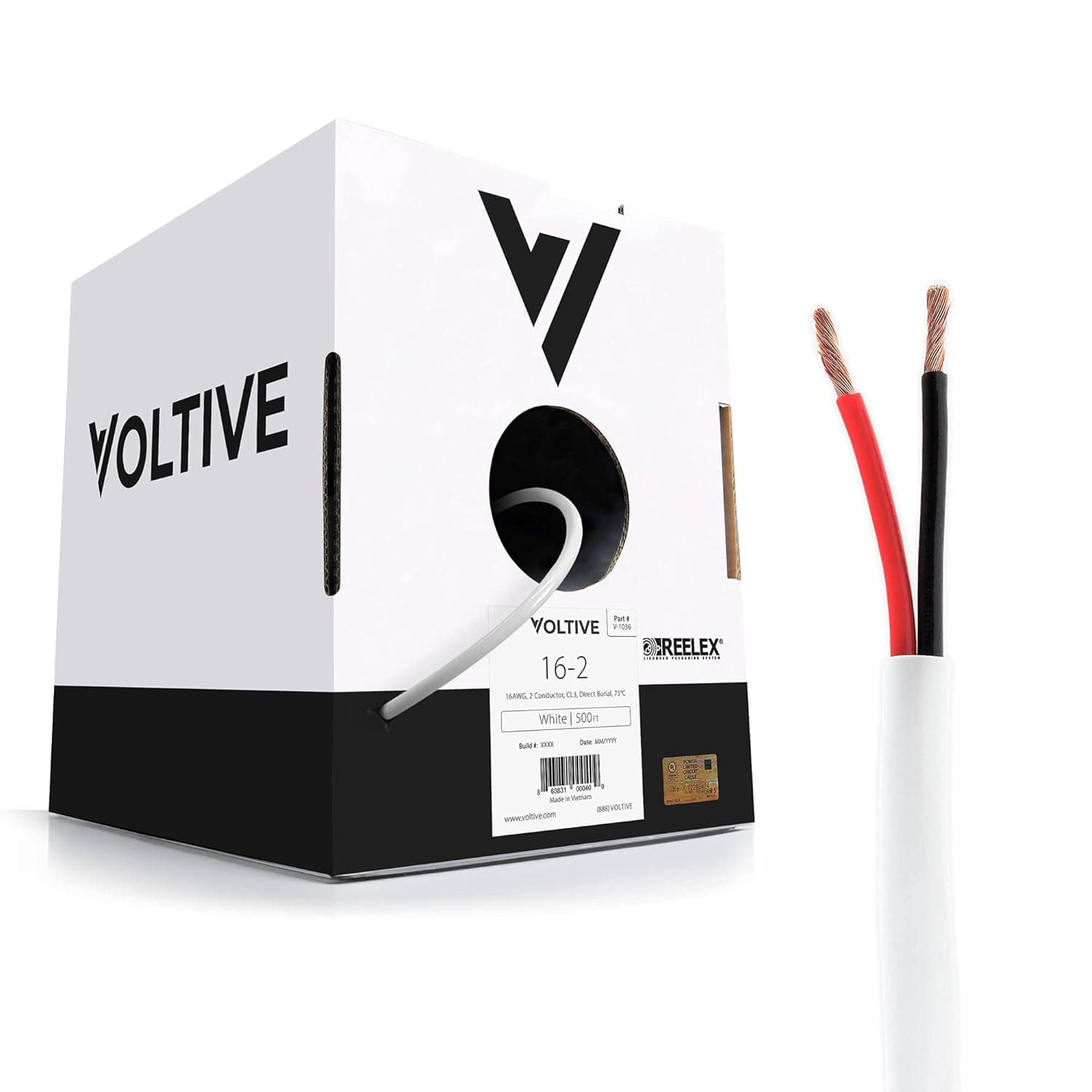 Voltive 16/2 Speaker Wire - 16 AWG/Gauge 2 Conductor - UL Listed in Wall (CL2/CL3) and Outdoor/In Ground (Direct Burial) Rated - Oxygen-Free Copper (OFC) - 500 Foot Bulk Cable Pull Box - White