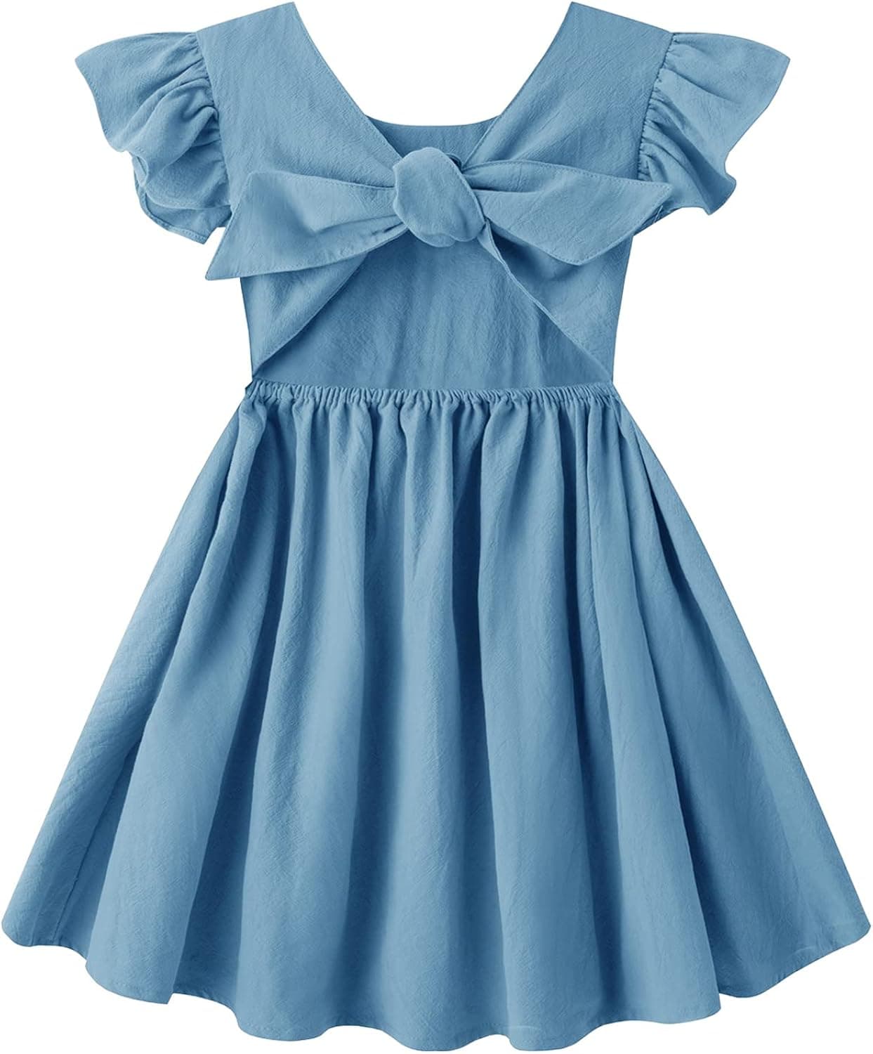 LYXIOF Toddler Baby Girl Cotton Linen Summer Dress Ruffle Sleeve Back Bowknot Kids Beach Dresses