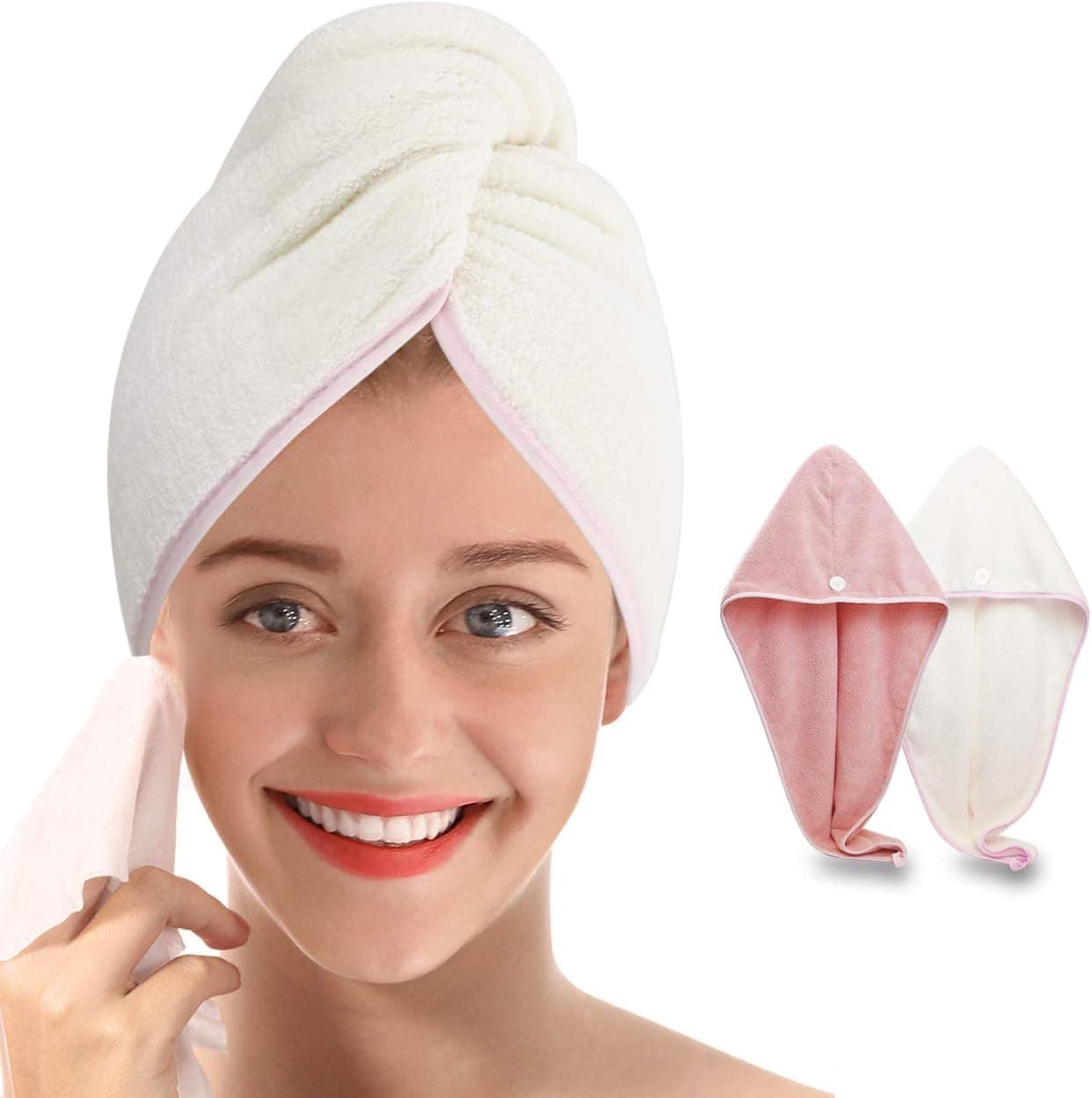 pocova Microfiber Hair Drying Towel with Button - Hair Towel Original Magic Instant Hair Dry Wrap for Women Rapid Drying Hair Turban, 2 Pack Hair Care Cap for a Bath Beige & Pink 10 x 26 Inches