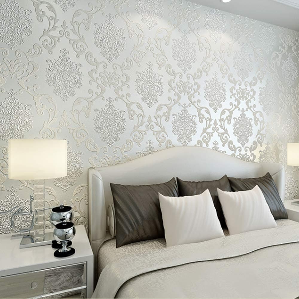 QIHANG European Style 3D Damask Pearl Powder Non-Woven Wallpaper Roll Cream Color 0.53m x 10m=5.3㎡