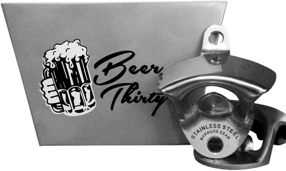 Barware Gear Bottle Opener & Catcher Bundle: Stainless Steel Wall Mount Bottle Opener with Stainless Steel Beer Thirty Wall Mounted Cap Catcher. Free Mounting Screws. Bar Accessory or Kitchen Gadget.