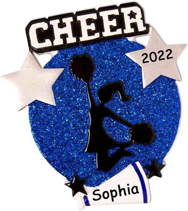 Personalized Glittered Blue Cheer Cheerleader Girl with Pom Pom Megaphone Christmas Ornament with Name and Date