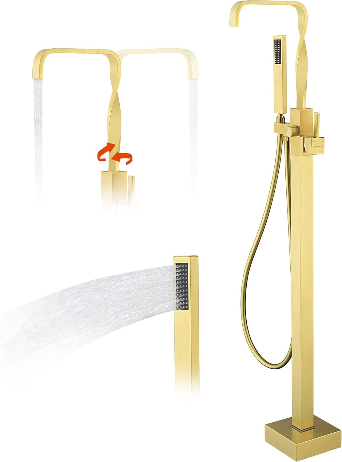 Freestanding Bathtub Faucet with Hand Shower 63 Inch PVC Hose Brushed Gold Roman Tub faucet Floor Mount Tub Filler Single Handle 360 ° Swivel Tub Spout High Flow Mixer Tap Soild Brass- Huifeidezhu