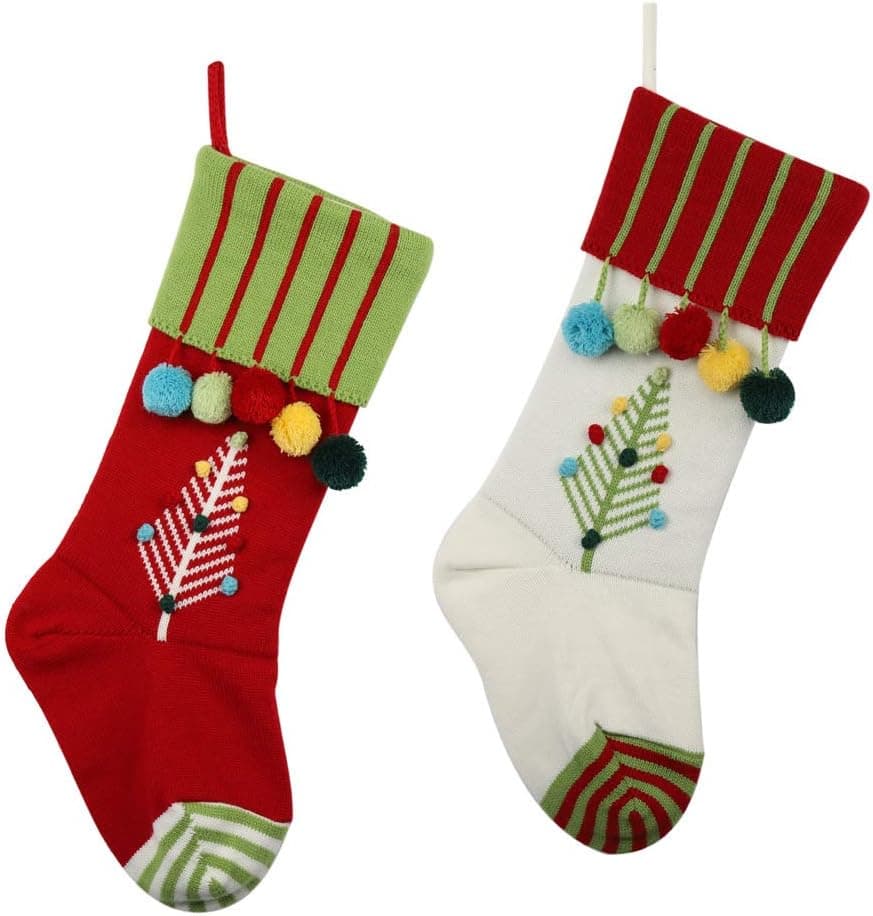 ExcMark 2 Pack 21 inch Knitted Christmas Stocking with Cable Knit Tree and Pumpons in Red Green and White Color