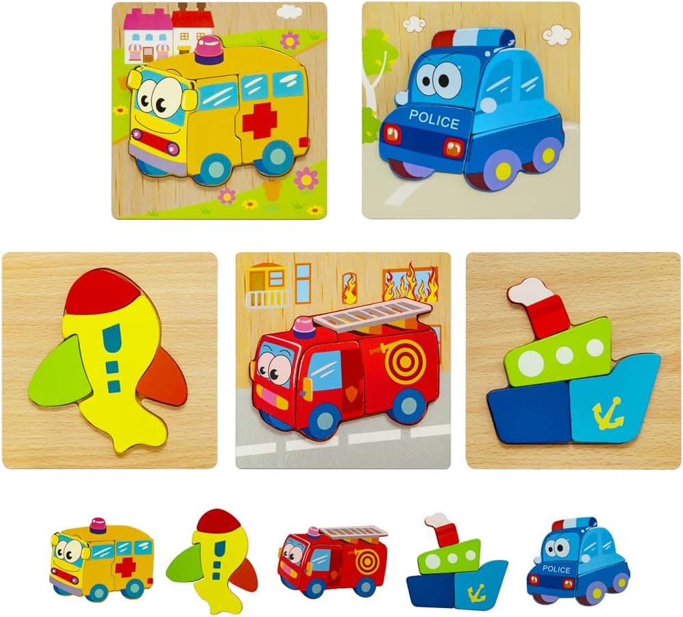 HZONE Wooden Jigsaw Puzzles for Toddlers, (5 Pack) Early Educational Toys Gift for Boys and Girls with 5 Vehicle Patterns, Bright Vibrant Color Shapes