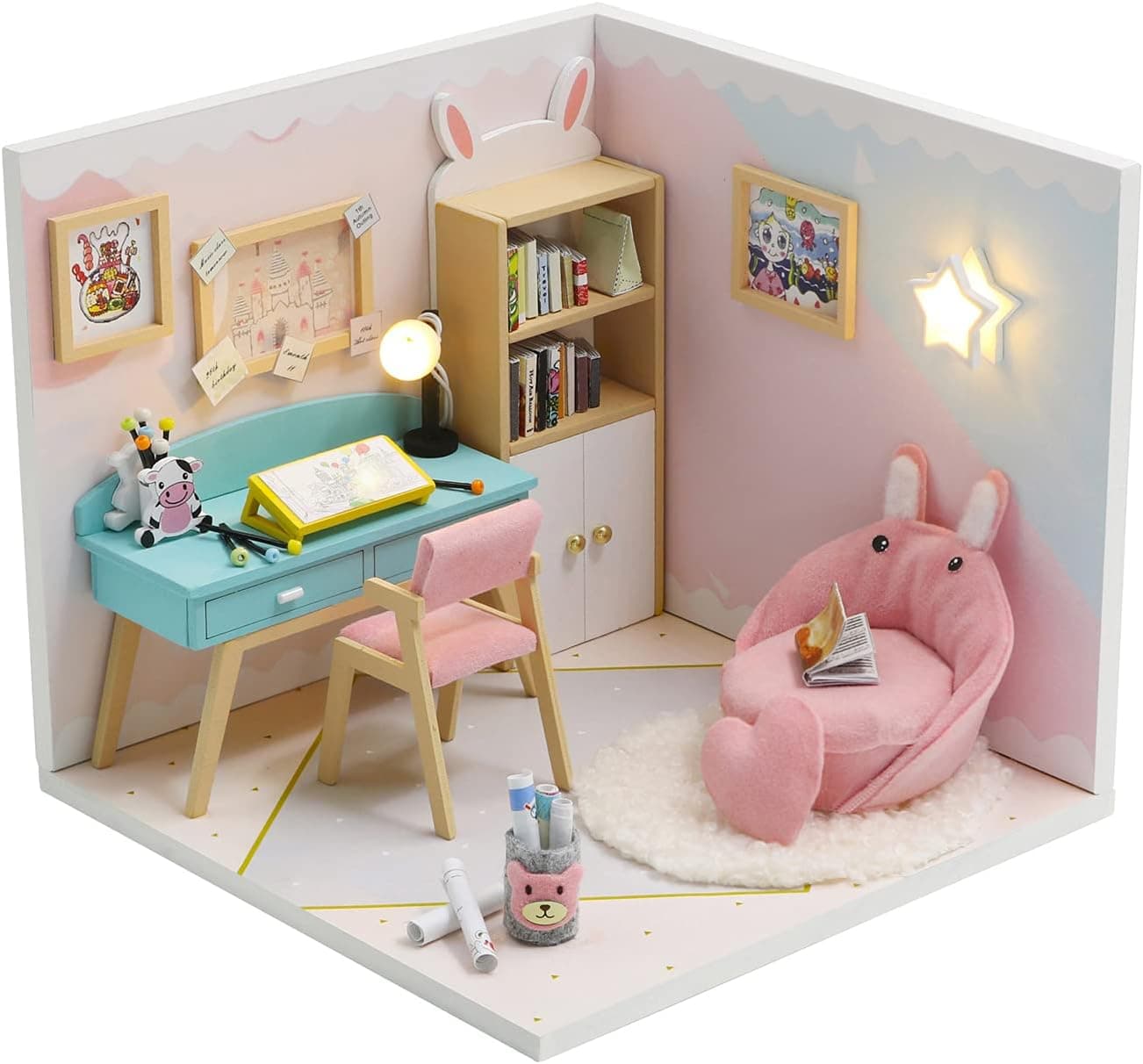 Kisoy Dollhouse Miniature with Furniture Kit, DIY 3D Wooden DIY House Kit A Corner of a Small Apartment Style with Dust Cover & LED,Handmade Tiny House Toys for Kids Adults Gift (Study Room)