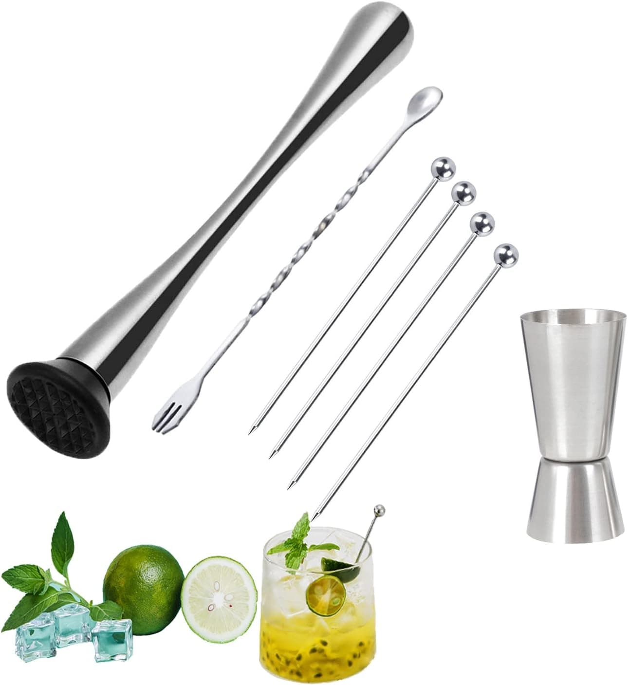 12 Inch Stainless Steel Muddler for Cocktails, 4Pcs Cocktail Picks, Bar Spoon Cocktail Mixing Spoon, Jigger for Bartending for Making Mojitos and Other Fruit Based Drinks