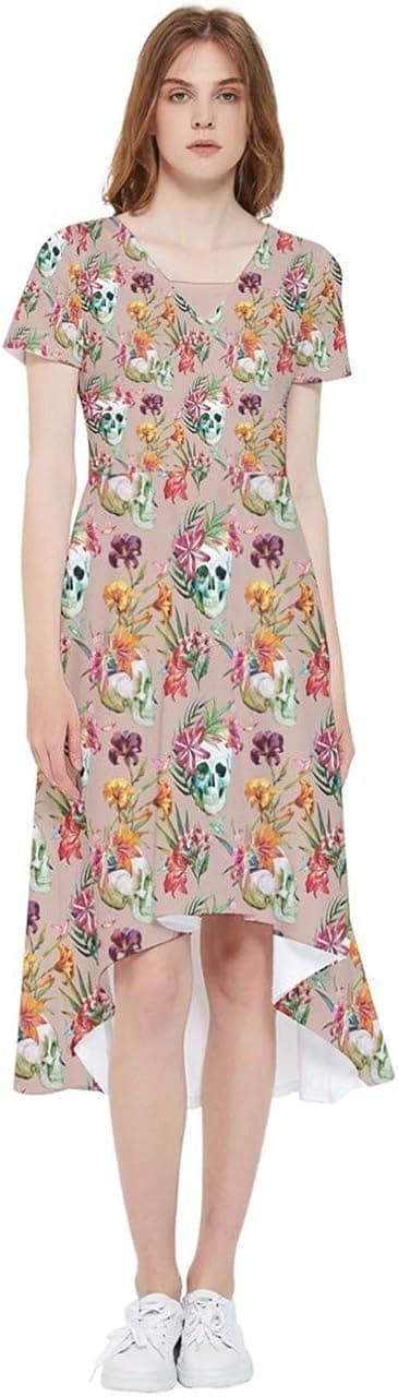 CowCow Womens Grunge Skulls Pattern Asymmetrical High Low Boho Dress, XS-5XL