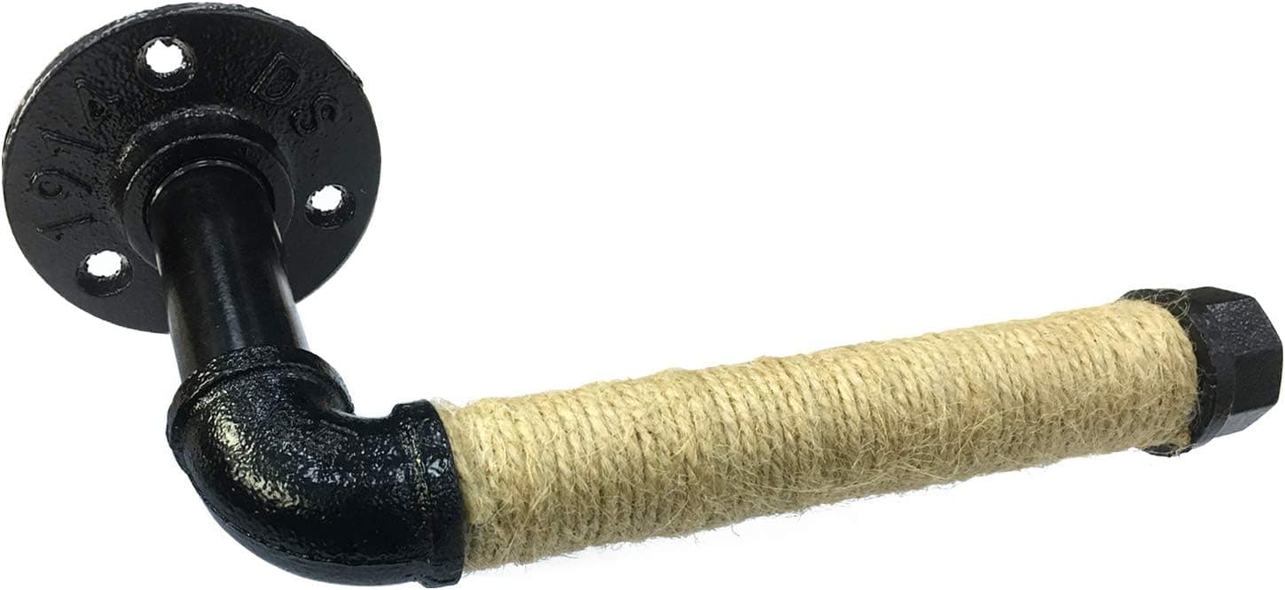 Black Industrial Pipe Paper Holder Rustic Wall Mount Jute Rope Bathroom Roll Tissue Holder Cast Iron Vintage Heavy Duty Hardware