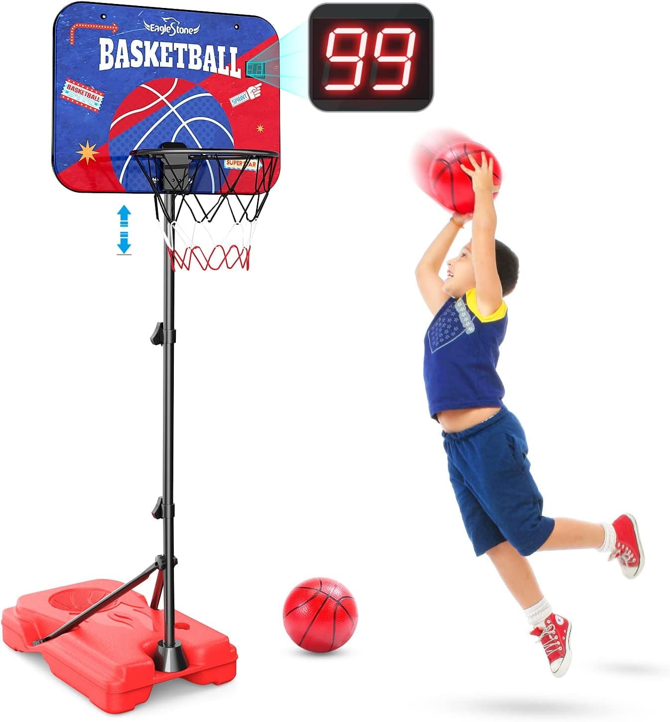 Kids Basketball Hoop with Electronic Scoreboard, Height-Adjustable 3.5-5.8 FT, Indoor and Outdoor Basketball Set for Toddlers Age 3-12, Mini Basketball Hoop Rim for Young Kids to Start Off Basketball