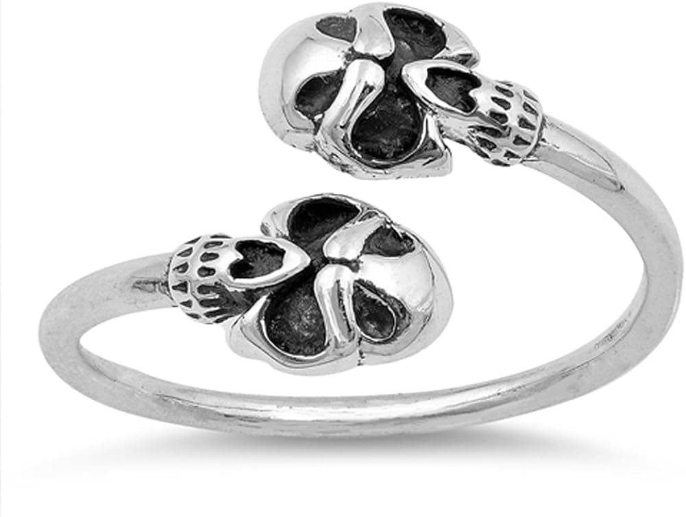 Oxidized Biker Skull Open Adjustable Ring .925 Sterling Silver Band Sizes 4-10