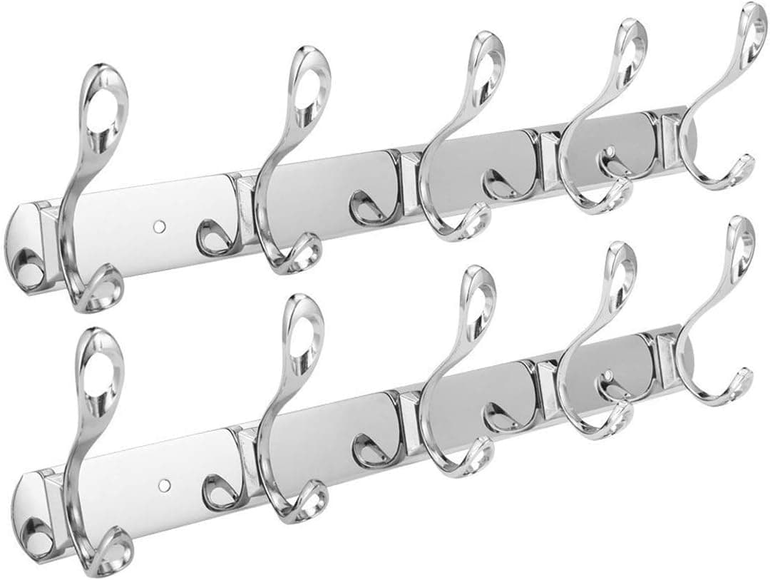 Efaithtek Wall Mount Hook Hanger Hook Rail Chrome Plated Steel Coat Robe Clothes Towel Rack (2Pack 10 hooks)