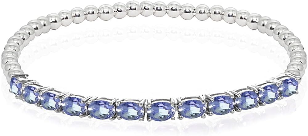 Sterling Silver Genuine, Created or Simulated Oval Gemstone Beaded Stretch Tennis Style Stackable Bracelet