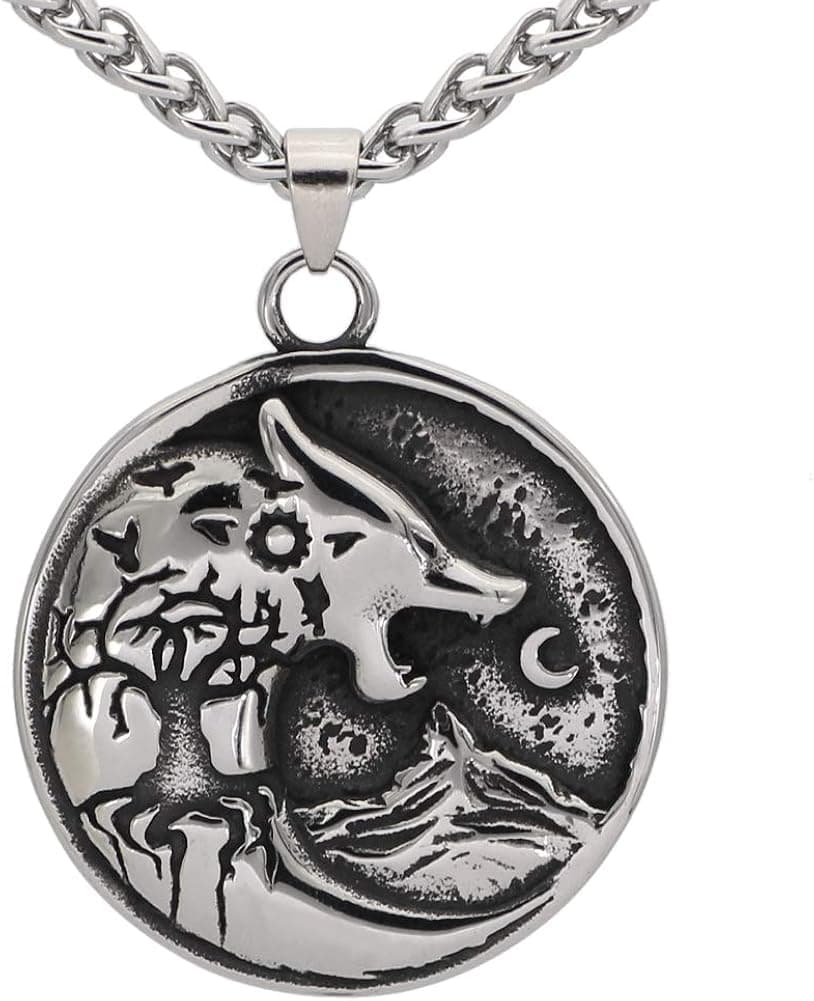 GuoShuang Noridc Viking Necklace Men Wolf Stainless Steel Necklace Viking Jewelry for Men with Valknut Gift Bag