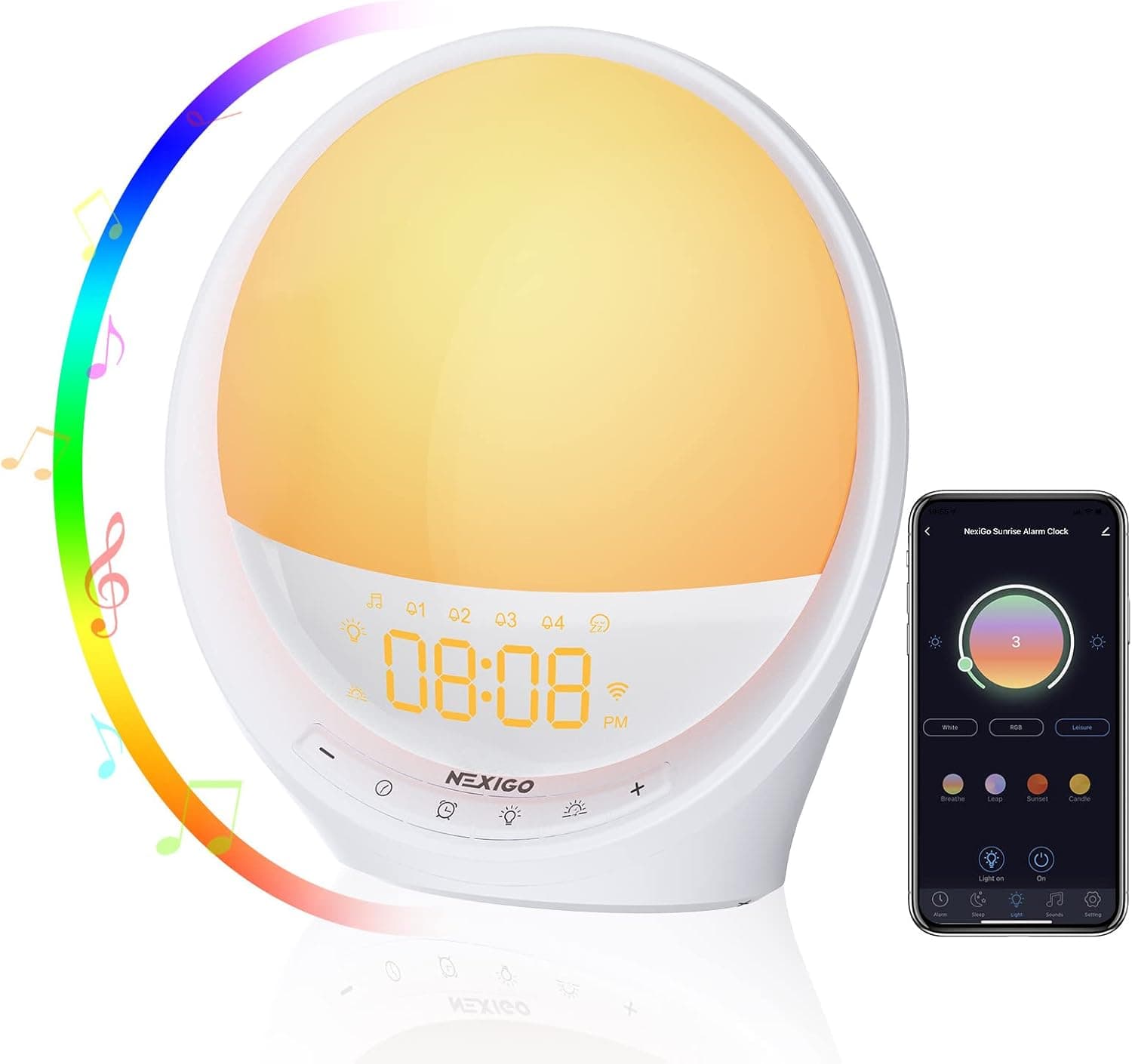NexiGo Smart Sunrise Alarm Clock for Kids, Bedrooms, Wake Up Light with Sunrise Simulation, Work with Alexa and Google Assistant, Four Alarms & Snooze, 17 Natural Sounds / 7 RGB Colors
