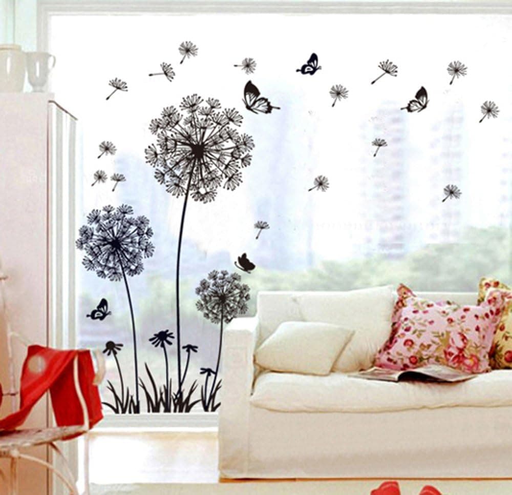 ufengke Black Dandelions and Butterflies Flying in The Wind Wall Decals, Living Room Bedroom Removable Wall Stickers Murals